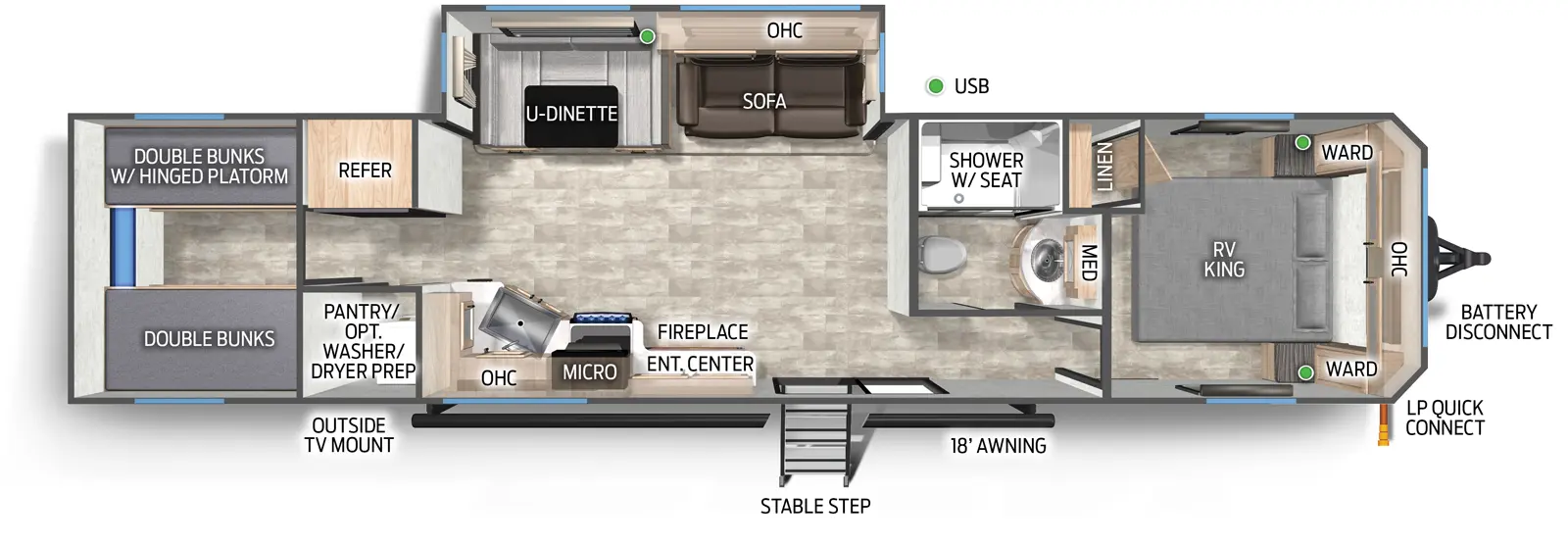 The Timberwolf 39TN floorplan has one entry and one slide out. Exterior features include: metal exterior and 18' awning. Interiors features include: bunk beds, u-dinette and front bedroom.